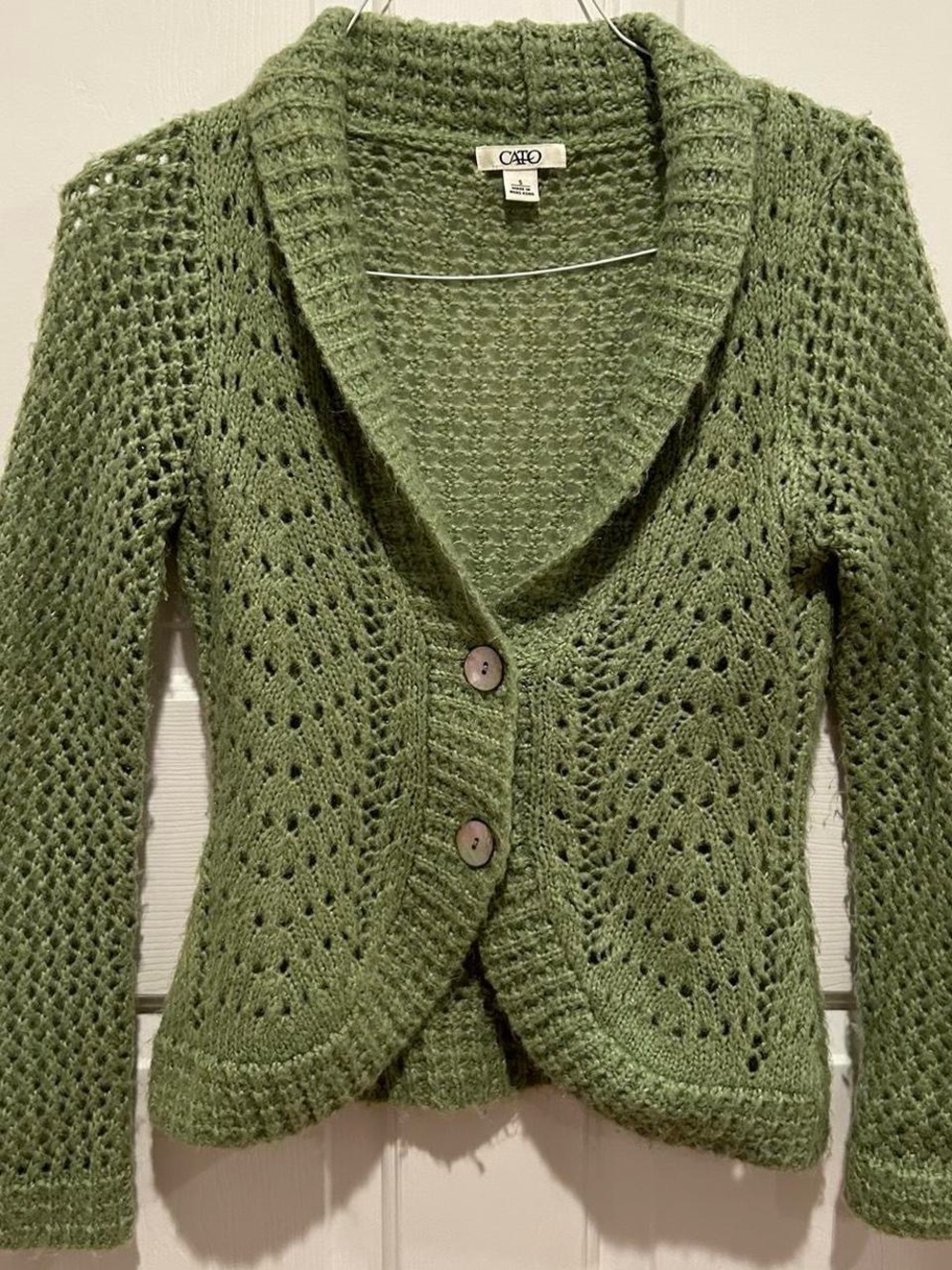 Cato Olive Openwork Knit Shawl Collar Cardigan